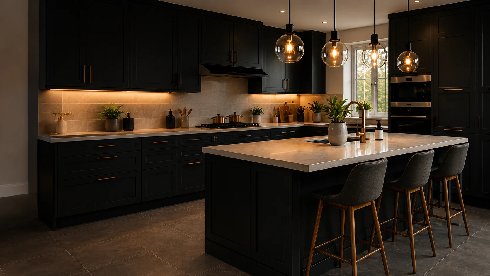 Dark modern kitchen with black shaker cabinets, brass handles and a marble island, financed and installed by Maintain Home Solutions