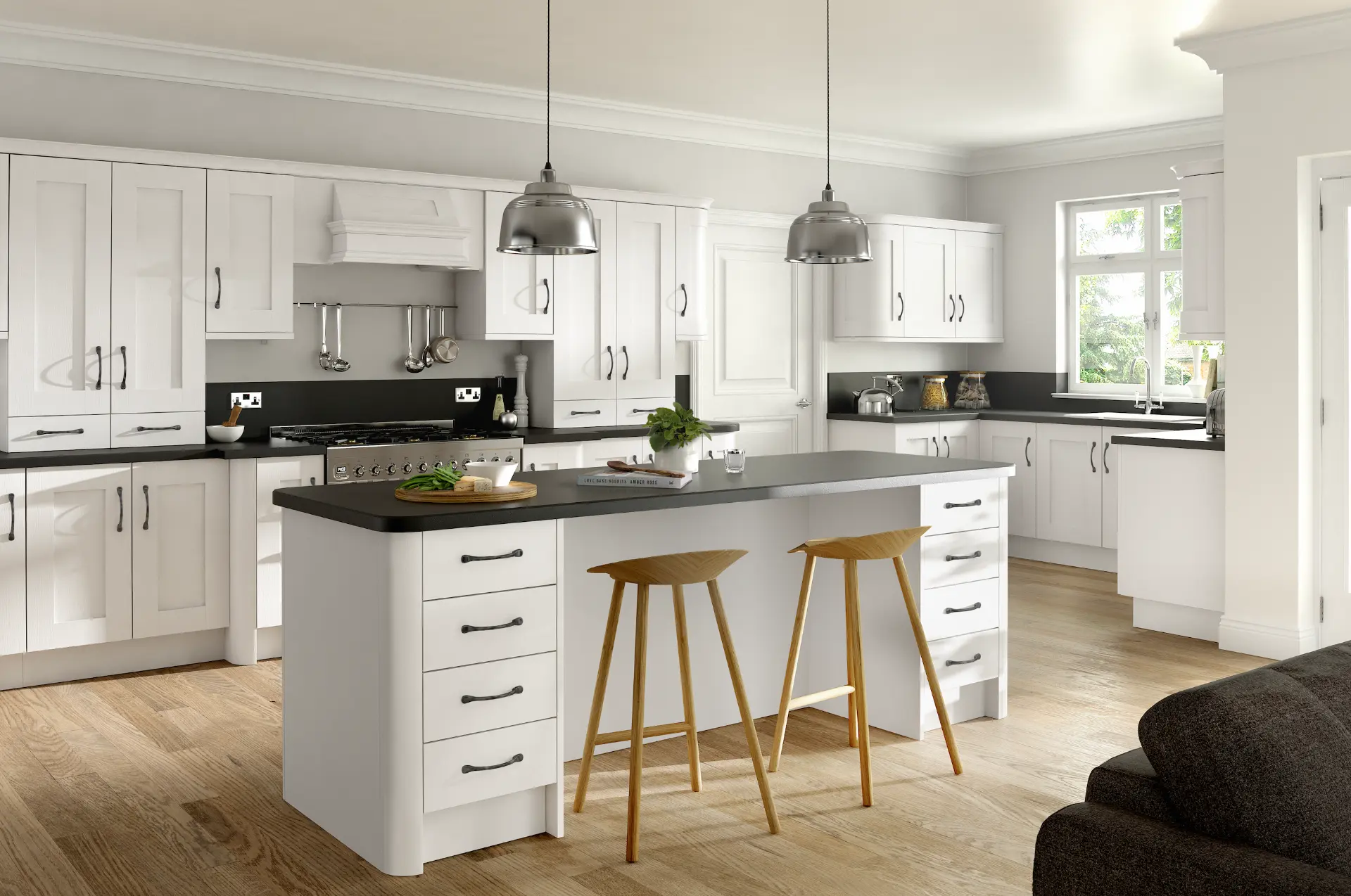 Bright white shaker kitchen with a dark island and pendant lighting, a home improvement financed through Maintain Home Solutions